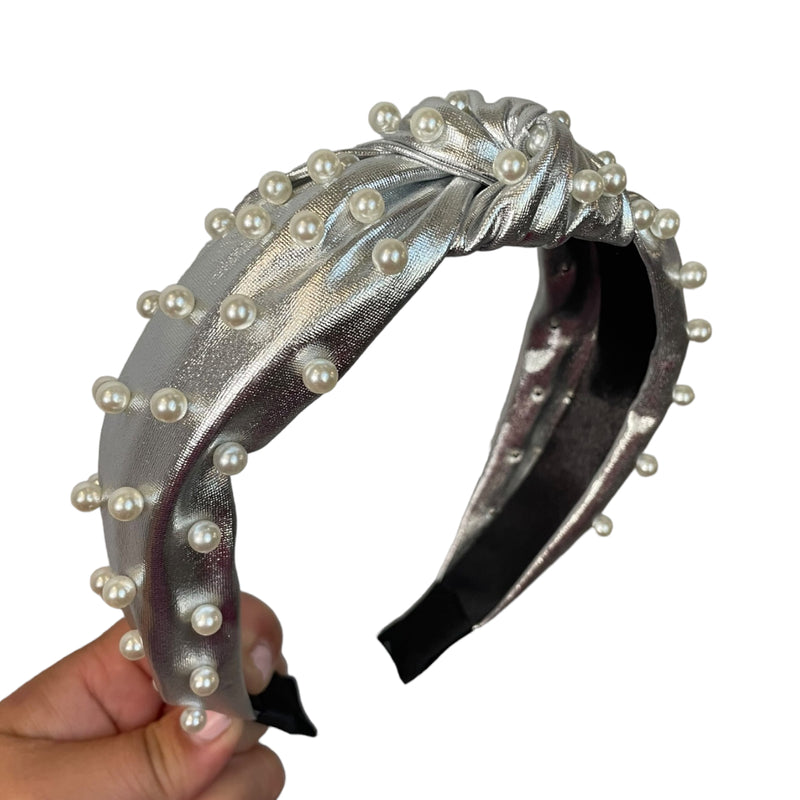 Metallic w Pearls - Silver Headband