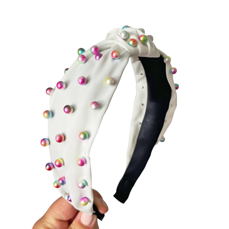 Multi Color Pearls Headband - White