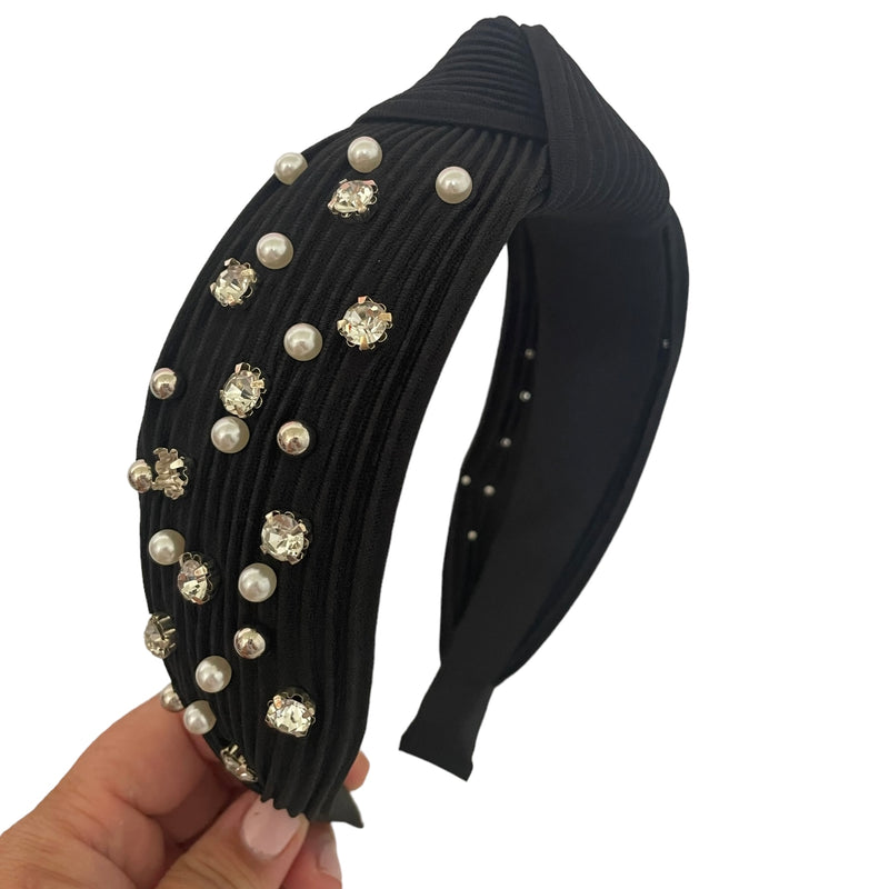 Crinkle Black w Gems + Pearls Headband