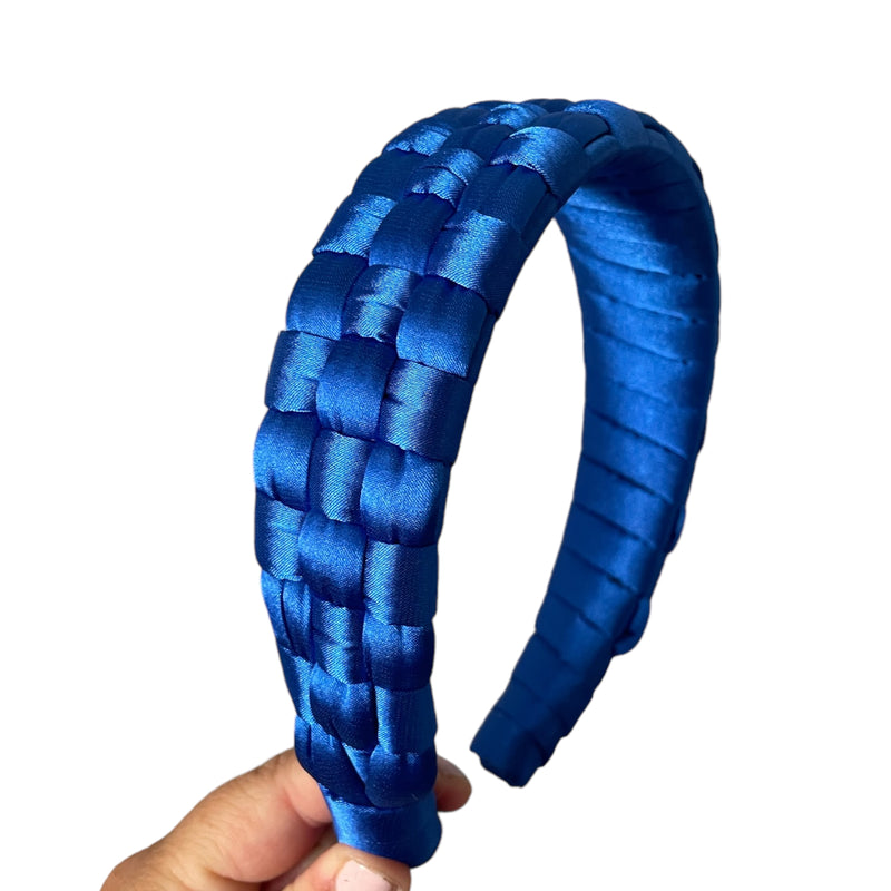 Raised Checkerboard Satin Headband - Blue